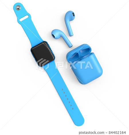 Stainless smart watch or fitness tracker and wireless headphones on white. Stainless smart watch or fitness tracker and wireless headphones on white. 84402164