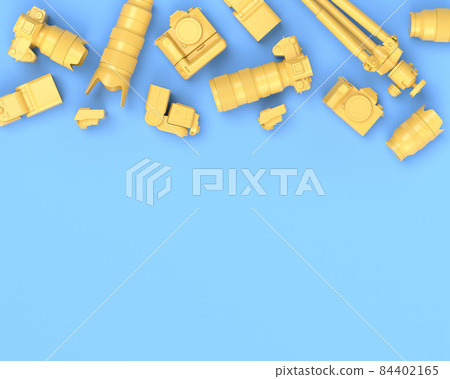 Top view of designer workspace and photography gear on blue table background Top view of designer workspace and photography gear on blue table background 84402165