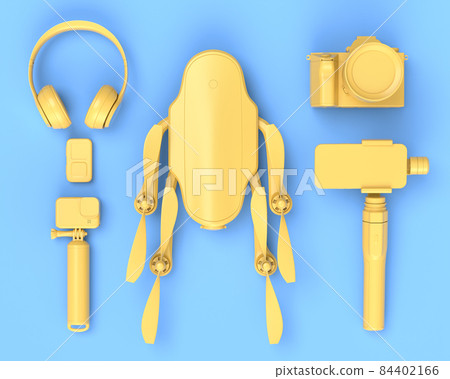 Top view of designer workspace and photography gear on blue table background Top view of designer workspace and photography gear on blue table background 84402166