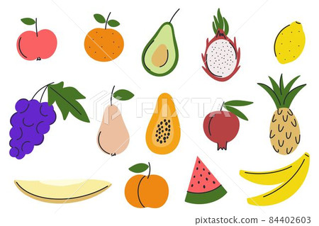 Doodle style fruits set. 84402603