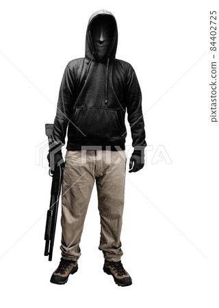 Criminal man in a hidden mask holding the shotgun Criminal man in a hidden mask holding the shotgun 84402725