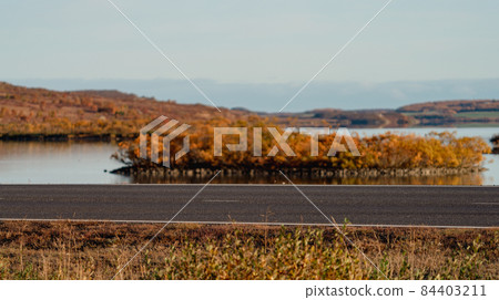 Isolated road on Autumn near the lake 84403211