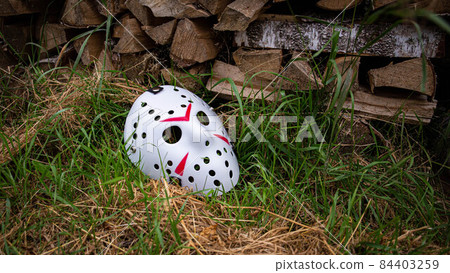 Creepy white hockey mask lays on the ground near with woods 84403259
