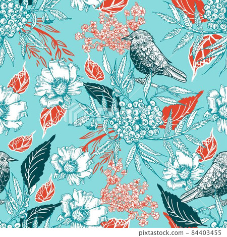 Seamless pattern with birds, flowers and leaves. Blue vintage background. Botany. Vector illustration. 84403455