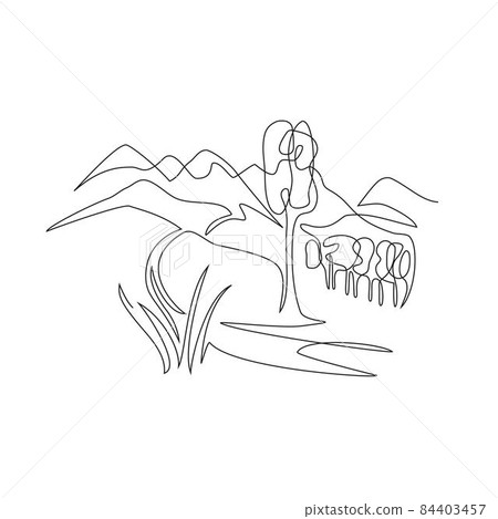 Mountain landscape, drawn in one line. Continuous line. Travels. Minimalistic graphics. 84403457