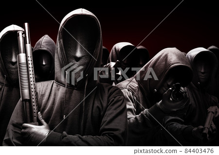 Group of criminal man in a hidden mask with a shotgun Group of criminal man in a hidden mask with a shotgun 84403476