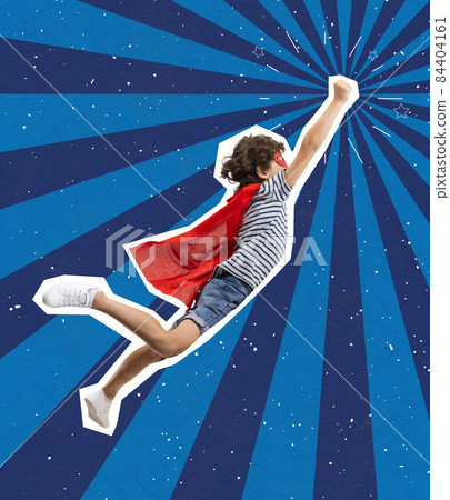 Contemporary art collage of little boy wearing red cloak and flying like superman isolated over blue background Contemporary art collage of little boy wearing red cloak and flying like superman isolated over blue background 84404161