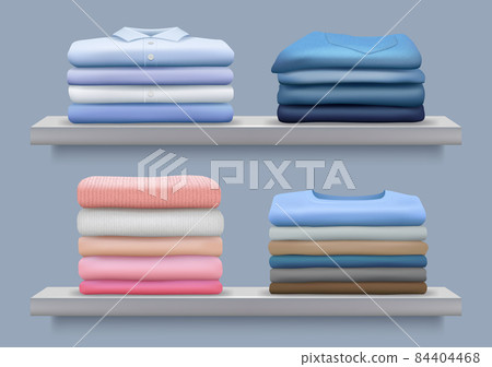 Stacked clothes. Folding clean after laundry cotton pile of fashioned clothes shirts jackets pants decent vector realistic collection Stacked clothes. Folding clean after laundry cotton pile of fashioned clothes shirts jackets pants decent vector realistic collection 84404468