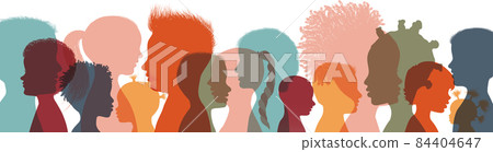 Heads faces colored silhouettes multicultural and multiethnic diversity children in profile. Concept of study education and learning. Kindergarten or elementary school education. Banner 84404647