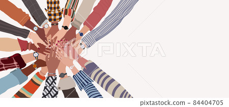 Group of hands on top of each other in a circle top view of multicultural people.Agreement pact bargain between fellow collaborators or co-workers.Cooperation between multi-ethnic people 84404705