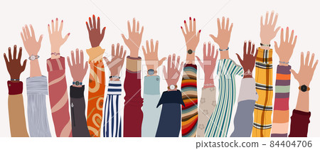 Group of raised arms and hands of multicultural people. Community or society of men and women of diverse cultures and races.Collaboration teamwork agreement between colleagues or friends 84404706