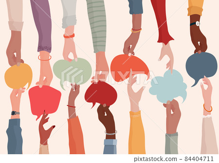 Agreement or affair between a group of colleagues or collaborators.Diversity People who exchange information.Arms and hands holding speech bubble.Concept of sharing and exchange.Community Agreement or affair between a group of colleagues or collaborators.Diversity People who exchange information.Arms and hands holding speech bubble.Concept of sharing and exchange.Community 84404711