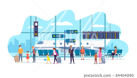 People at airport terminal during coronavirus pandemic. Business travel vacation vector flat People at airport terminal during coronavirus pandemic. Business travel vacation vector flat 84404890