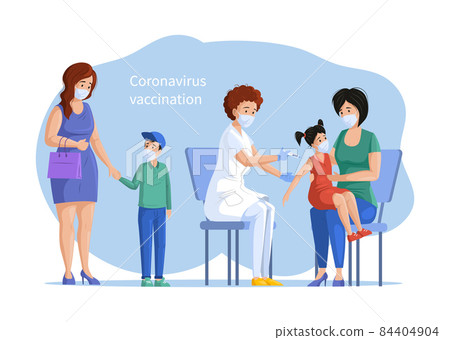 People vaccination for immunity health. Family, elderly queue up for vaccinations. Nurse in clinic giving coronavirus vaccine to elderly man and children use syringe 84404904