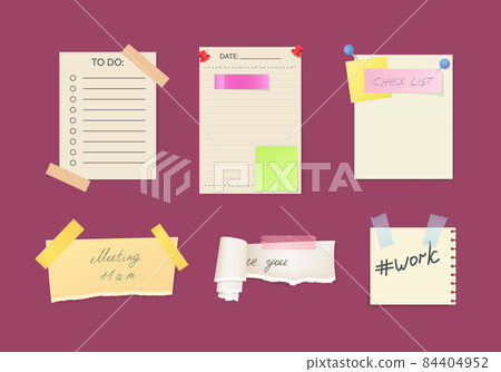 Paper notes on stickers, reminders notepads, memo messages torn paper sheets attached with transparent tape. Office torn pieces for write short notes, messages of meeting reminder, to-do list Paper notes on stickers, reminders notepads, memo messages torn paper sheets attached with transparent tape. Office torn pieces for write short notes, messages of meeting reminder, to-do list 84404952