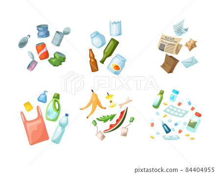 Garbage in heaps sorted by category organic, paper, plastic, glass, metal, tablets. Separation of garbage into different containers. Recycling sorting, waste collection 84404955