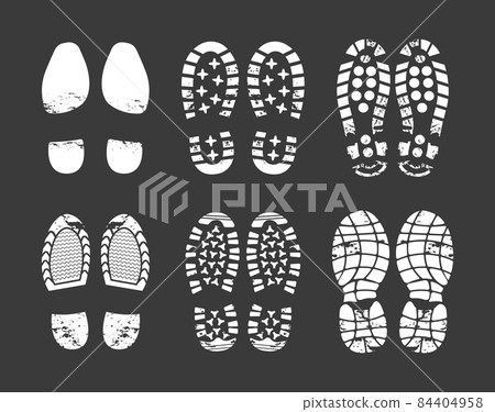 Human footprint. Footwear steps silhouette, shoes, boots, sneakers footstep print of men and women, textured steps. Dirty shoes print, shoes footprints on asphalt and ground, step silhouette 84404958