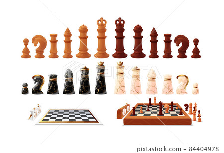 Set of wooden and marble chess game pieces and figures on chess board. Chessboard with figures and clock. Board game, tactical logic sports game, chess tournament, hobby vector Set of wooden and marble chess game pieces and figures on chess board. Chessboard with figures and clock. Board game, tactical logic sports game, chess tournament, hobby vector 84404978
