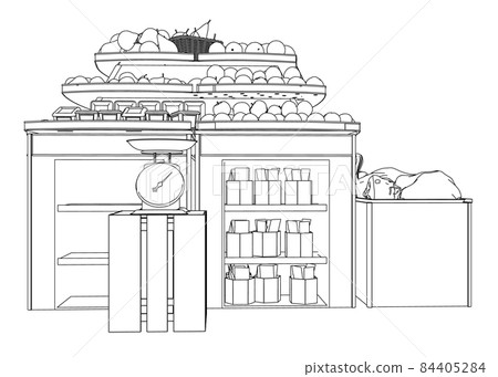 Outline of a counter with fruits and scales from black lines isolated on white background. Apples and pears. Vector illustration Outline of a counter with fruits and scales from black lines isolated on white background. Apples and pears. Vector illustration 84405284