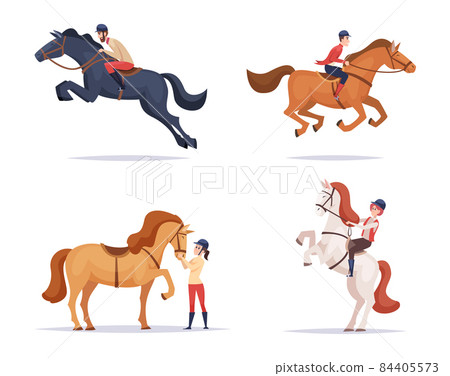 Rides horses. Equestrian riders on horseback funny domestic animals exact vector illustrations of horses 84405573