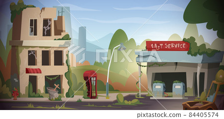 Apocalypse background. War damaged city destructive urban ruins after doomsday. Exact vector cartoon concept picture 84405574