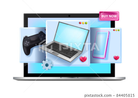 Online shop 3D vector internet sale illustration, web store banner, laptop screen smartphone gamepad Online shop 3D vector internet sale illustration, web store banner, laptop screen smartphone gamepad 84405815