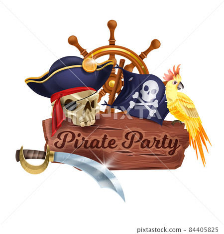 Pirate party wooden sign board, jolly roger flag, ship wheel, vector vintage timber plank texture Pirate party wooden sign board, jolly roger flag, ship wheel, vector vintage timber plank texture 84405825