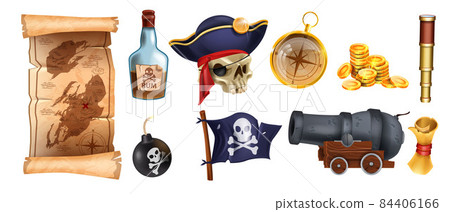 Pirate cartoon game object set, vector corsair icon kit, old parchment treasure map, iron cannon 84406166