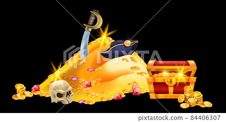 Pirate treasure illustration, vector corsair gold chest, money coin pile, skull gemstone captain hat 84406307