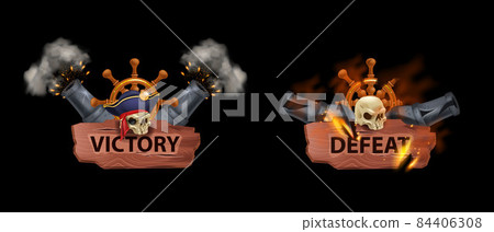 Victory pirate game badge kit, vector corsair win lose achievement icon, iron firing cannon, skull Victory pirate game badge kit, vector corsair win lose achievement icon, iron firing cannon, skull 84406308