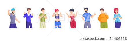 People showing different gesture. Man woman performing emotional expression with hands, negative positive emotions. Person demonstrate sing ok, don't know, thumbs up and down, rock, hand heart People showing different gesture. Man woman performing emotional expression with hands, negative positive emotions. Person demonstrate sing ok, don't know, thumbs up and down, rock, hand heart 84406338