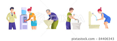 Set people different ages drinking water. Elderly, man, woman quench thirst with refreshing pure beverage. Person drink aqua from office cooler, public fountain, home plumbing, sink 84406343