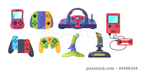 Collection of different game joystick. Gaming equipment digital technology device with buttons. Gamer console with display, pistol, steering wheel for cyber augmented reality entertainment Collection of different game joystick. Gaming equipment digital technology device with buttons. Gamer console with display, pistol, steering wheel for cyber augmented reality entertainment 84406384