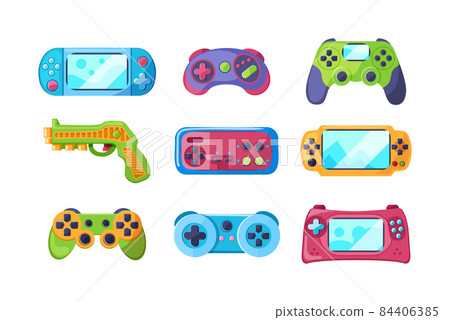 Collection of different game joystick. Gaming equipment digital technology device with buttons Collection of different game joystick. Gaming equipment digital technology device with buttons 84406385