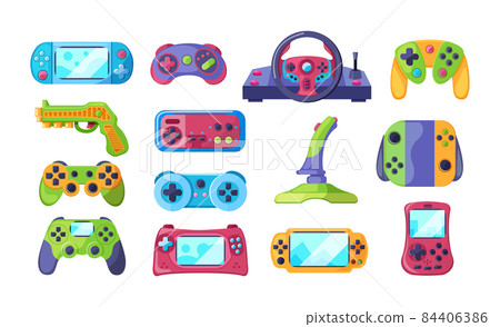 Collection of different game joystick. Gaming equipment digital technology device with buttons 84406386