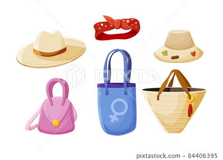 Collection of female head accessories and handbags. Fashionable girlish garment outfit street style Collection of female head accessories and handbags. Fashionable girlish garment outfit street style 84406395