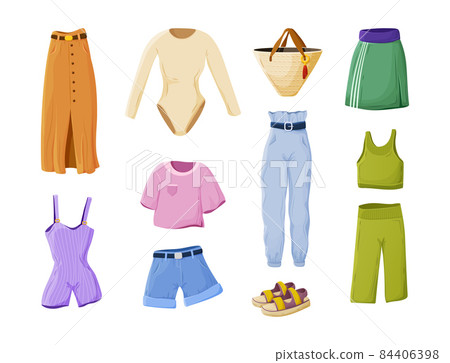 Collection of female fashion summer apparel. Set of feminine clothes or woman wardrobe outfit Collection of female fashion summer apparel. Set of feminine clothes or woman wardrobe outfit 84406398