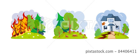 Natural disasters earthquakes, forest fires, deforestation. House cracked, shattered earth during earthquake. Landscape burning forest fires with burning trees. 84406411