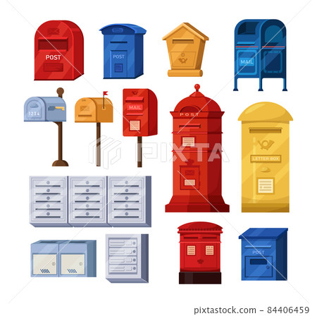 Isometric mailbox set. Postbox for paper letters newspapers correspondence delivery. Retro modern containers for post service shipment paper correspondence. Receive send mail communication 84406459