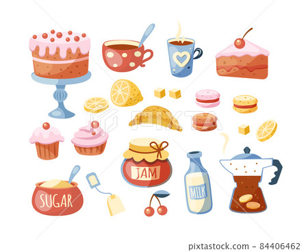 Teatime autumn element set: cups, teapots, kettle, coffee pot, sweets, croissants, cake, dairy products, cupcake, lemon, sugar, jam. Tea party food and drink. Kitchen elements 84406462