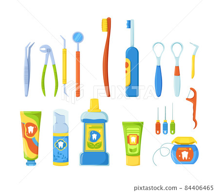 Tooth cleaning tools. Hygiene equipment for dentistry oral dental care, health, disease preventive. Electrical, manual tooth hygienic equipment. 84406465