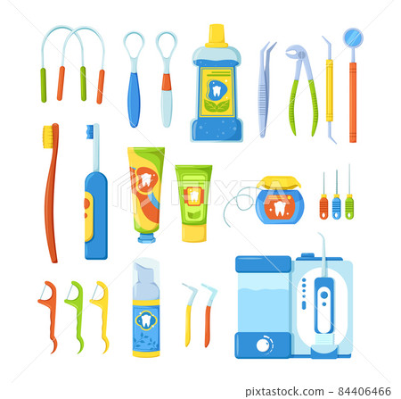 Tooth cleaning tools. Hygiene equipment for dentistry oral dental care, health, disease preventive. Electrical, manual tooth hygienic equipment. Tooth cleaning tools. Hygiene equipment for dentistry oral dental care, health, disease preventive. Electrical, manual tooth hygienic equipment. 84406466