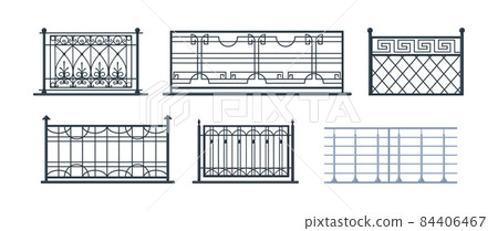 Set of balcony railing. Vintage modern home balconied facade or door entrance into private territory, terrace fences. Steel, iron wrought construction banister balustrade for fencing territory Set of balcony railing. Vintage modern home balconied facade or door entrance into private territory, terrace fences. Steel, iron wrought construction banister balustrade for fencing territory 84406467