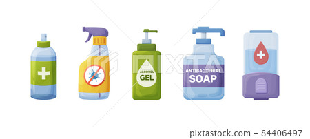 Set antibacterial sanitizing in plastic dispenser or spraying container. Coronavirus prevention Set antibacterial sanitizing in plastic dispenser or spraying container. Coronavirus prevention 84406497