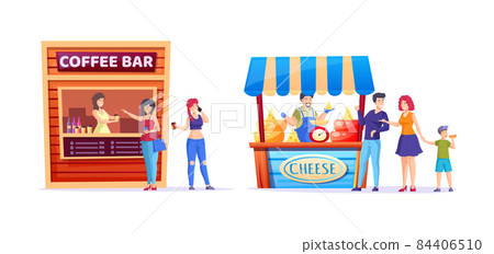 Street food kiosk marketplace. Outdoor trade local market with coffee bar, cheese. Ready takeaway meal cafe kiosks. Family with child chooses cheese from seller, girls buy hot coffee 84406510