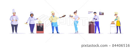 Restaurant staff chef, cook, waitress, bartender. Public catering service staff. Kitchen workers chef cooking food at cafeteria cuisine, waitress delivers order, bartender pours wine 84406516