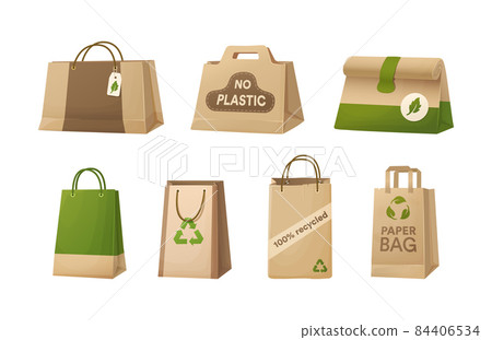 Set recycling paper bags. Cardboard for carrying with eco friendly logo. Disposable package with handle for purchase or delivery. Organic ecological boxes and packaging Set recycling paper bags. Cardboard for carrying with eco friendly logo. Disposable package with handle for purchase or delivery. Organic ecological boxes and packaging 84406534