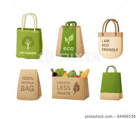 Set recycling paper bags. Cardboard for carrying with eco friendly logo. Disposable package with handle for purchase or delivery. Organic ecological boxes and packaging 84406536