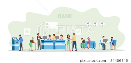 People managers , clients at bank office room. Employees working with customers at financial consulting center, queue of customers to bank employees room reception. 84406546