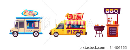 Food market. Set of street tent, car, truck, van selling fruits, bread, pizza, cheese, ice cream, , hot dog, bbq. Outdoor trade fast food 84406563